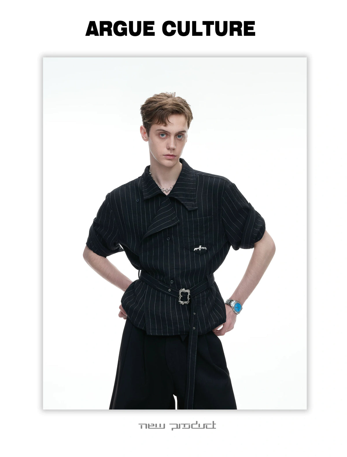 Asymmetric Striped Belted Shirt with Metal Buckle - detail image 16