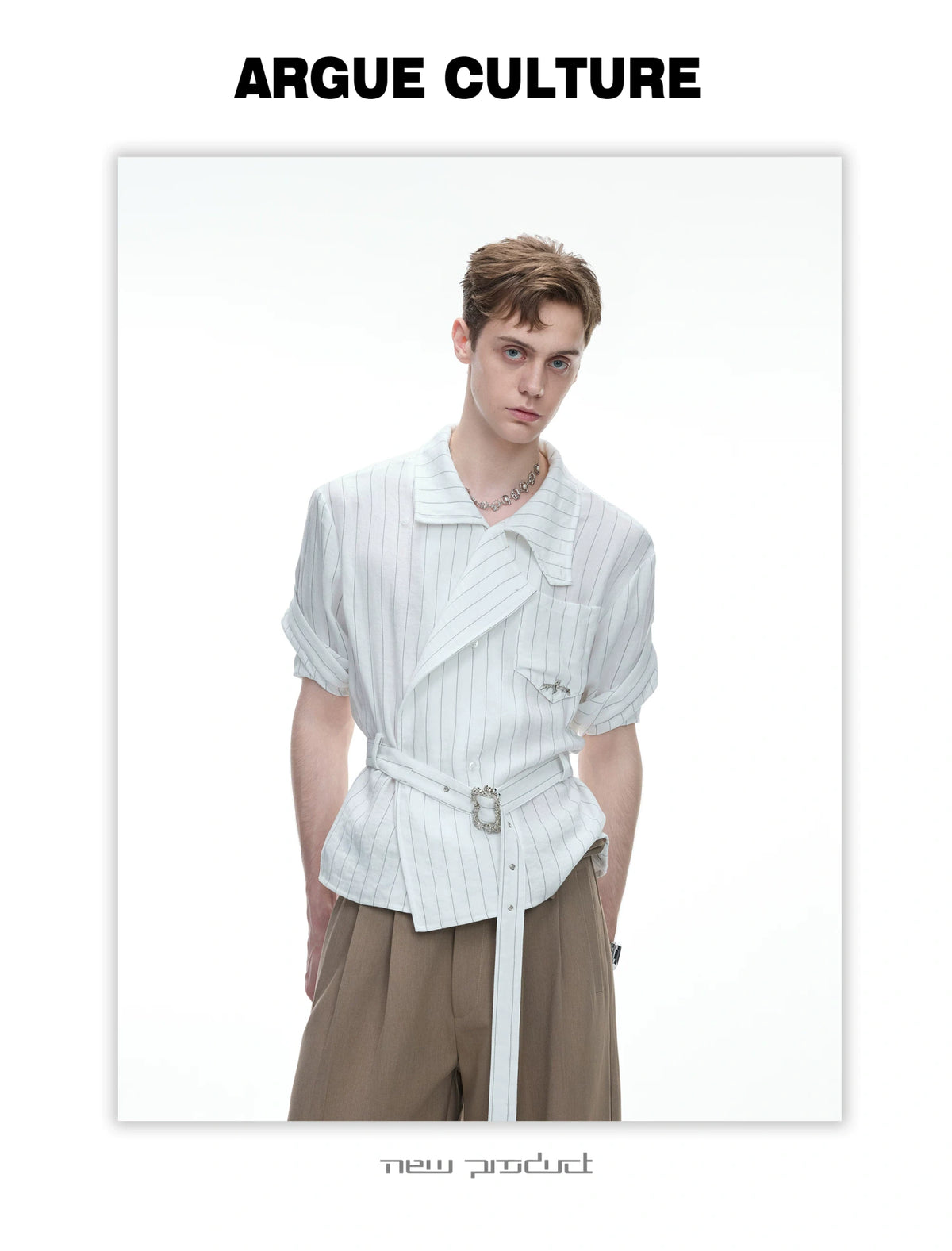 Asymmetric Striped Belted Shirt with Metal Buckle - detail image 6