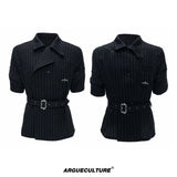 Asymmetric Striped Belted Shirt with Metal Buckle - Black