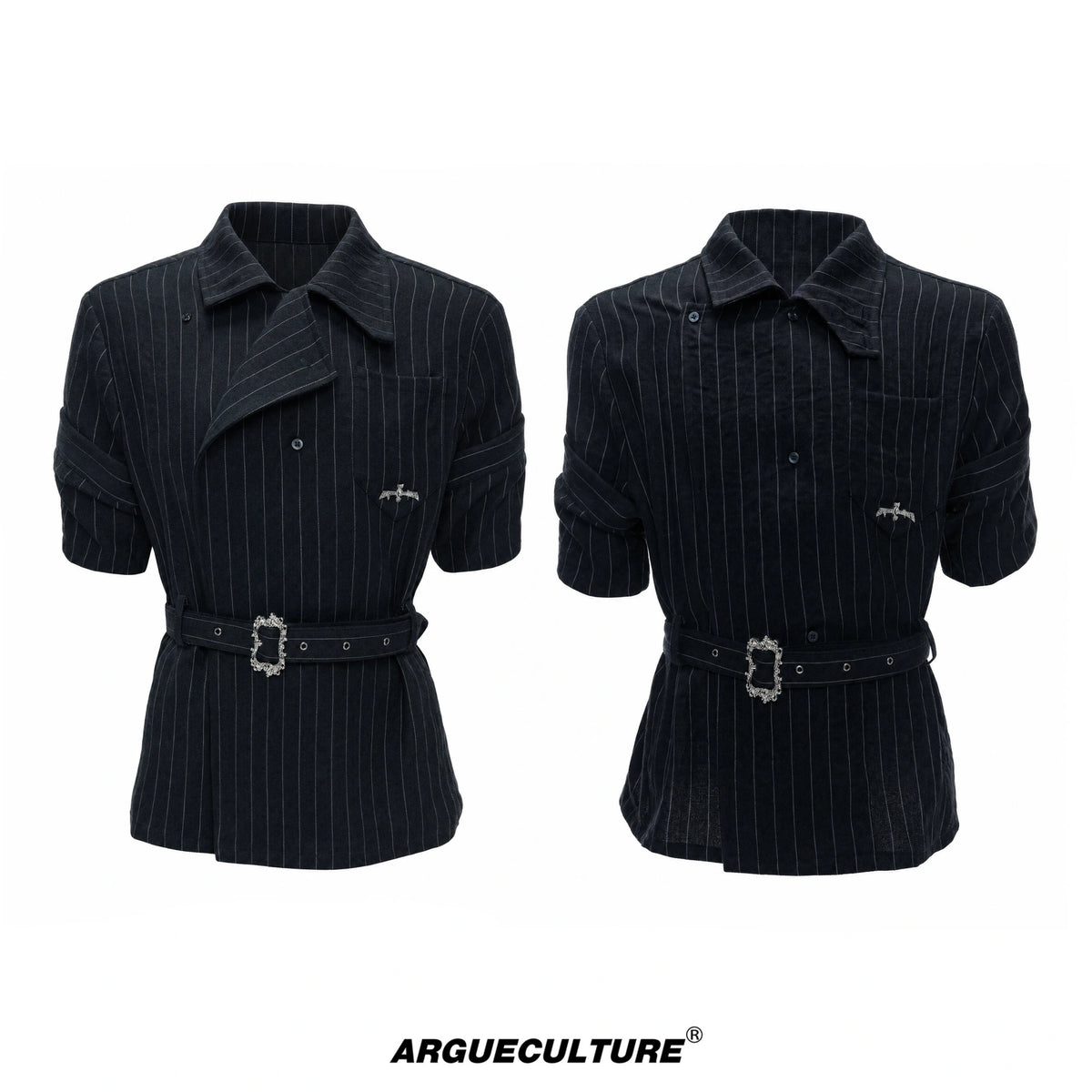Asymmetric Striped Belted Shirt with Metal Buckle - Black