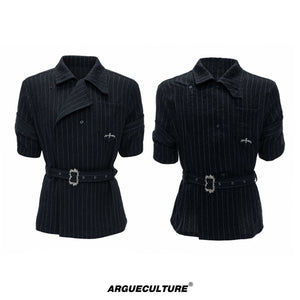 Asymmetric Striped Belted Shirt with Metal Buckle - Black