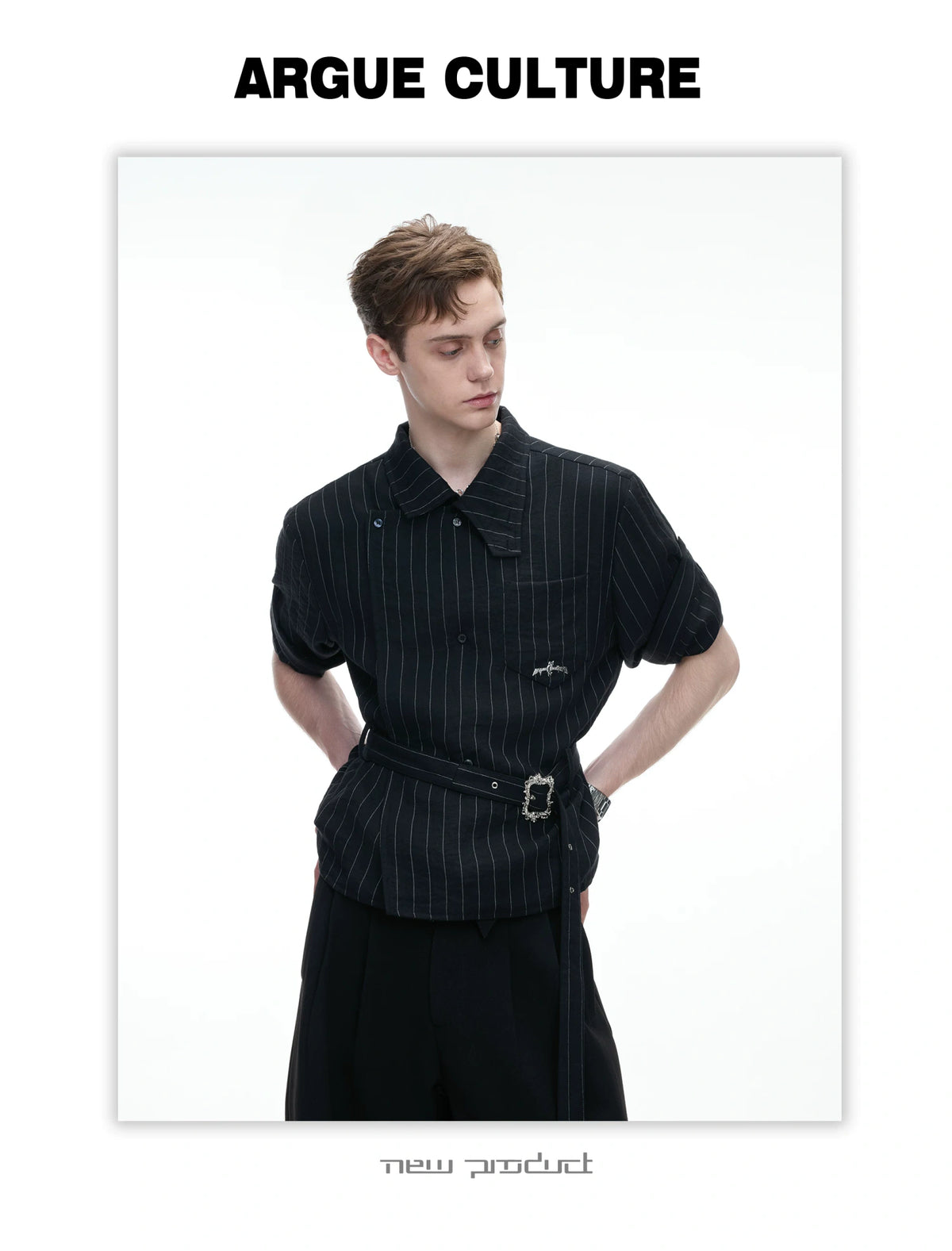 Asymmetric Striped Belted Shirt with Metal Buckle - detail image 13