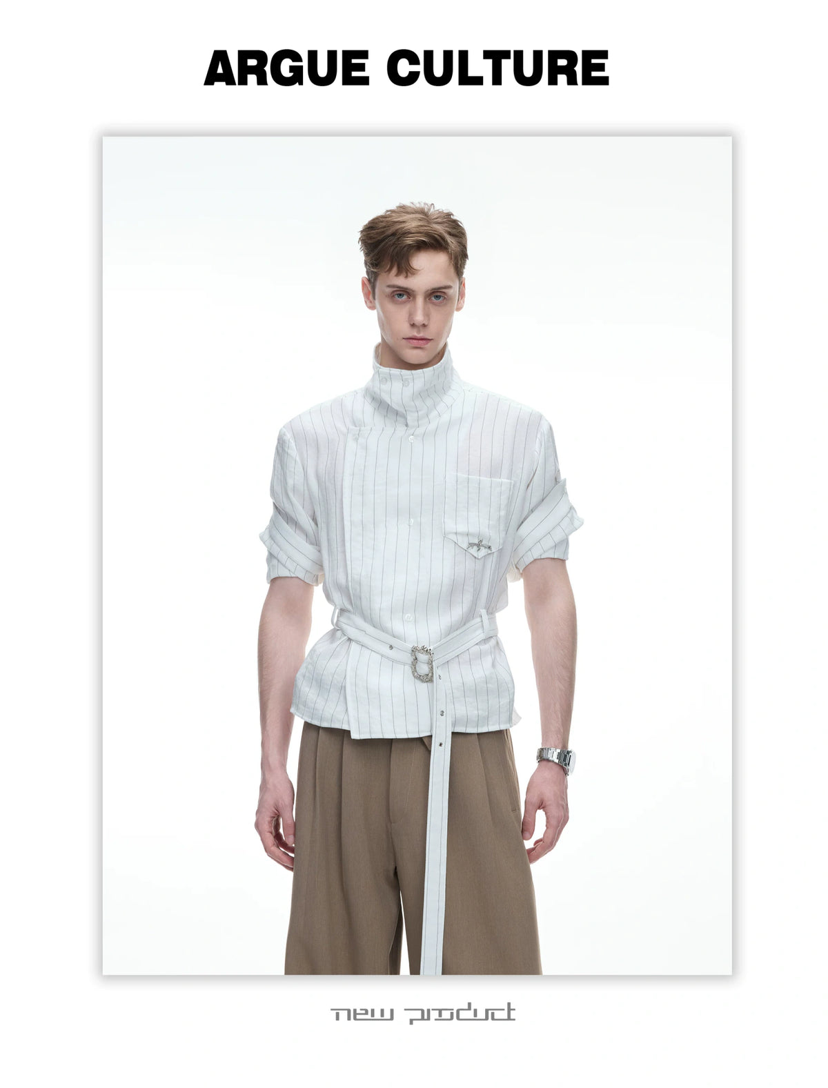 Asymmetric Striped Belted Shirt with Metal Buckle - detail image 7