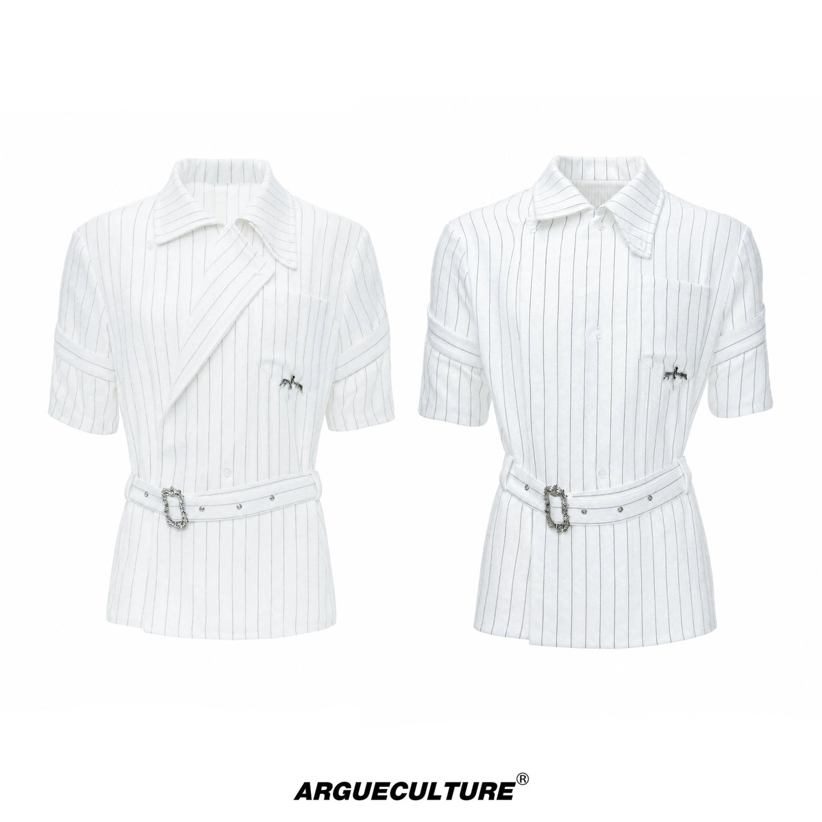 Asymmetric Striped Belted Shirt with Metal Buckle - White