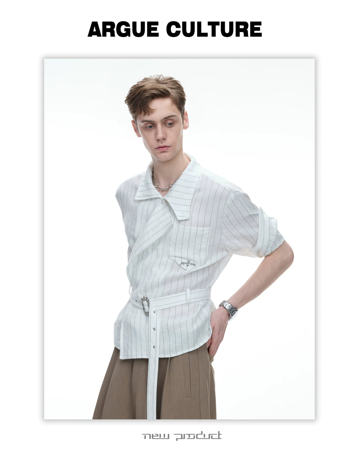 Asymmetric Striped Belted Shirt with Metal Buckle - detail image 5
