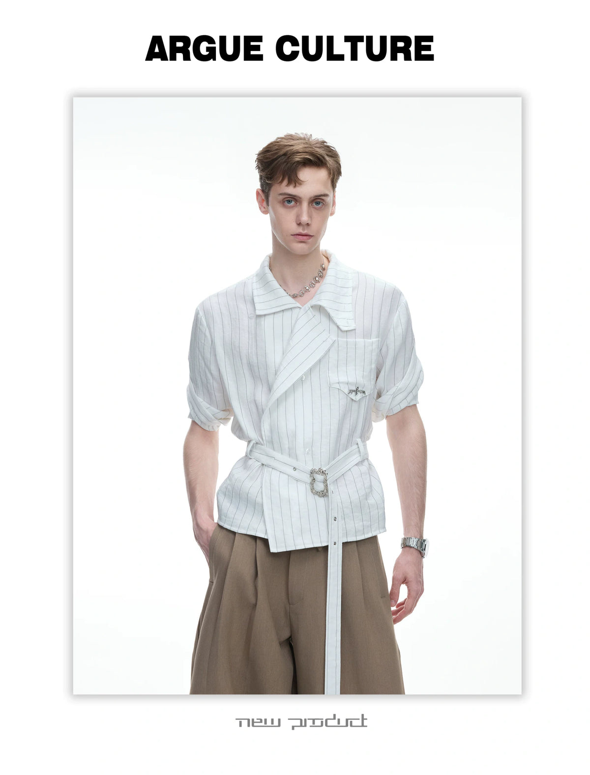 Asymmetric Striped Belted Shirt with Metal Buckle - detail image 10