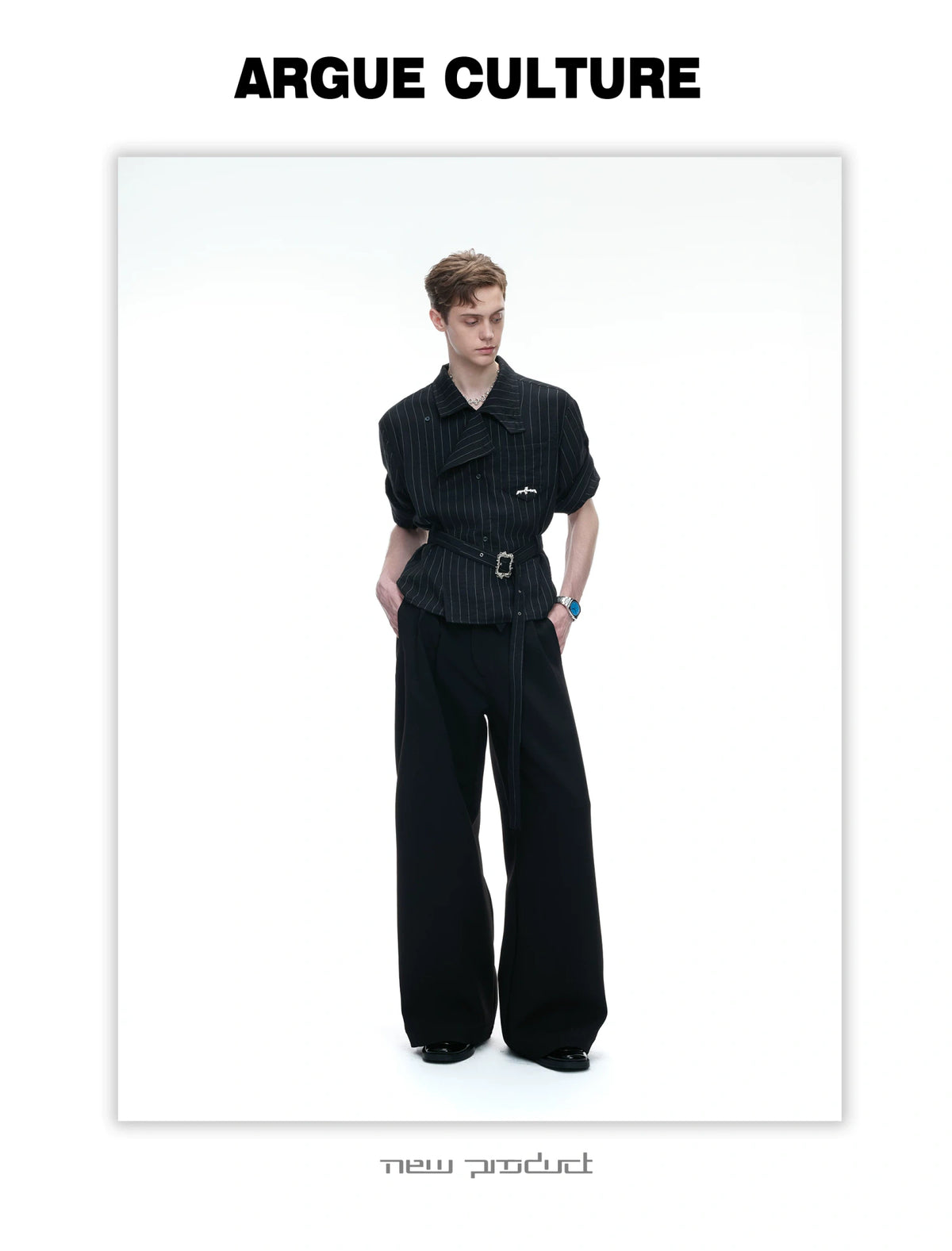 Asymmetric Striped Belted Shirt with Metal Buckle - detail image 19