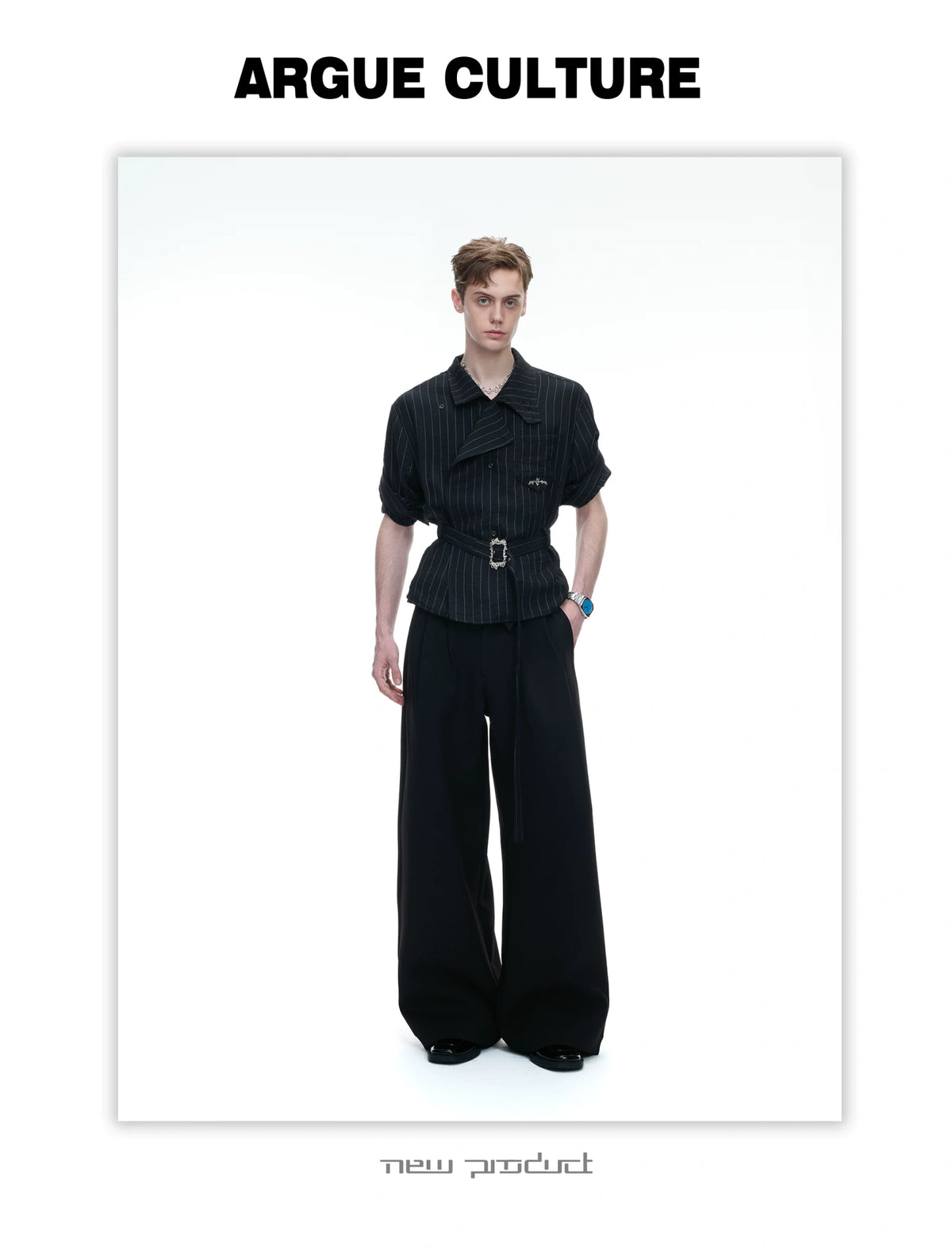 Asymmetric Striped Belted Shirt with Metal Buckle - detail image 18