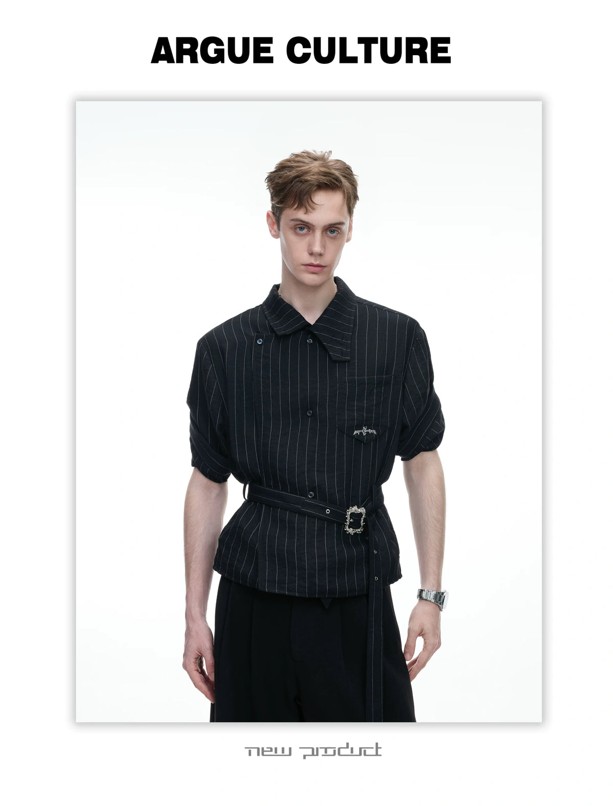 Asymmetric Striped Belted Shirt with Metal Buckle - detail image 14