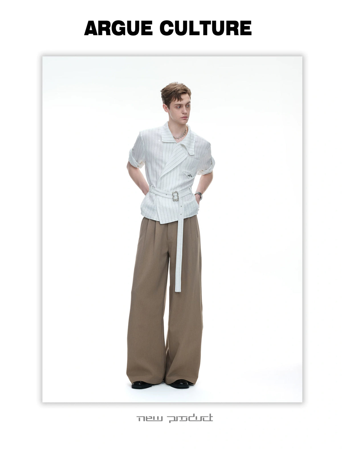 Asymmetric Striped Belted Shirt with Metal Buckle - detail image 11