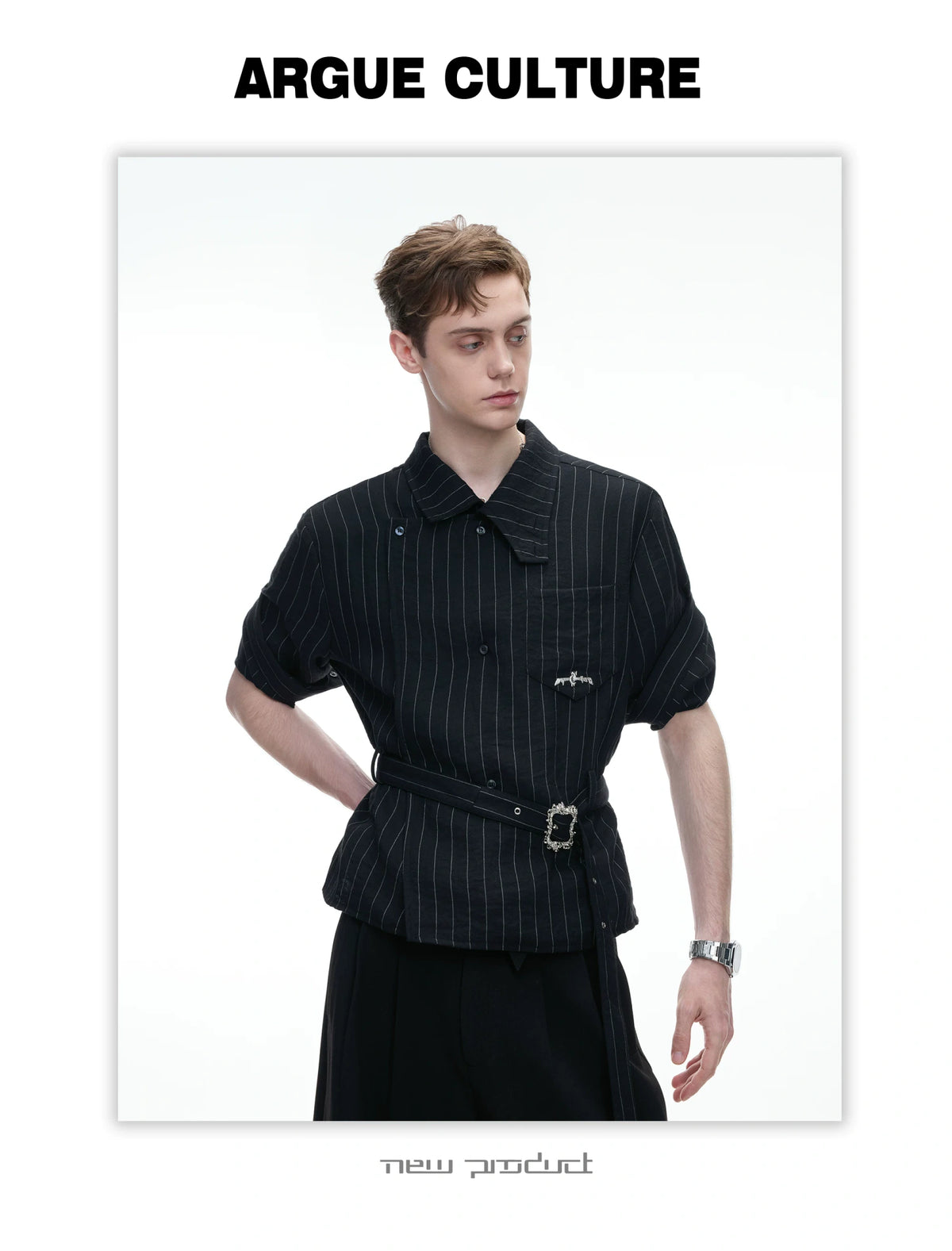 Asymmetric Striped Belted Shirt with Metal Buckle - detail image 15
