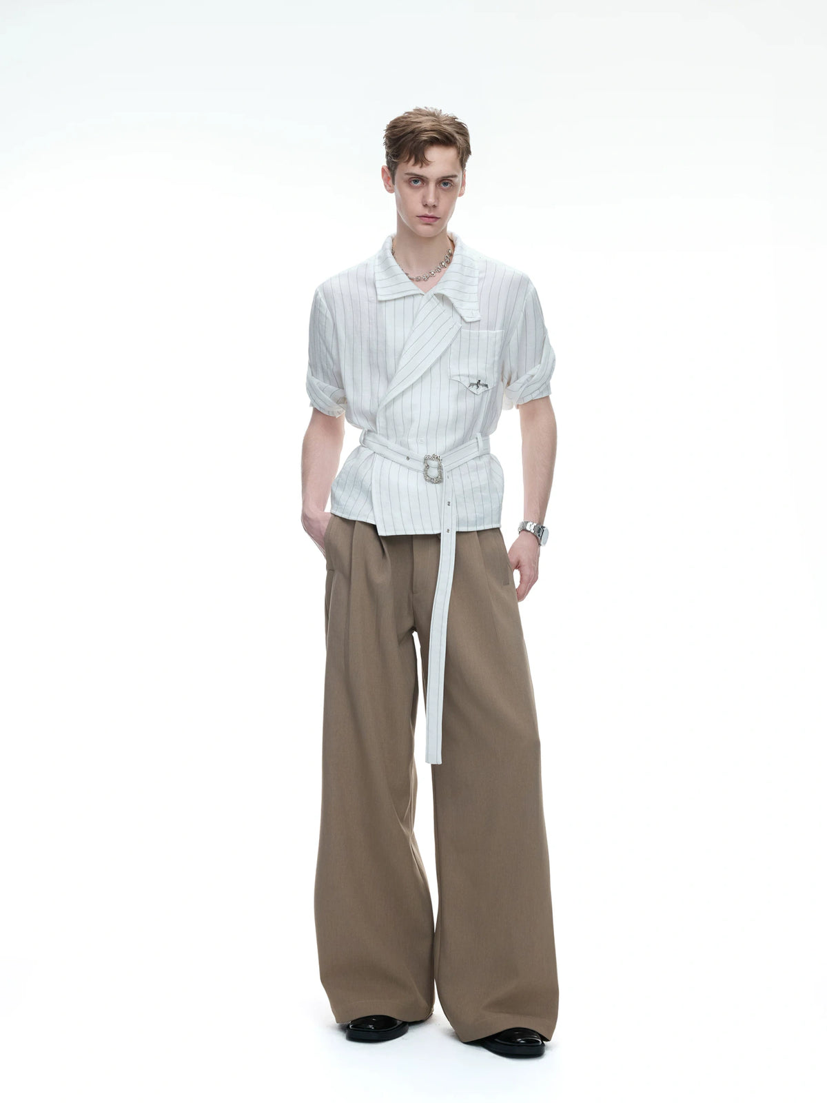 Asymmetric Striped Belted Shirt with Metal Buckle - main image 5