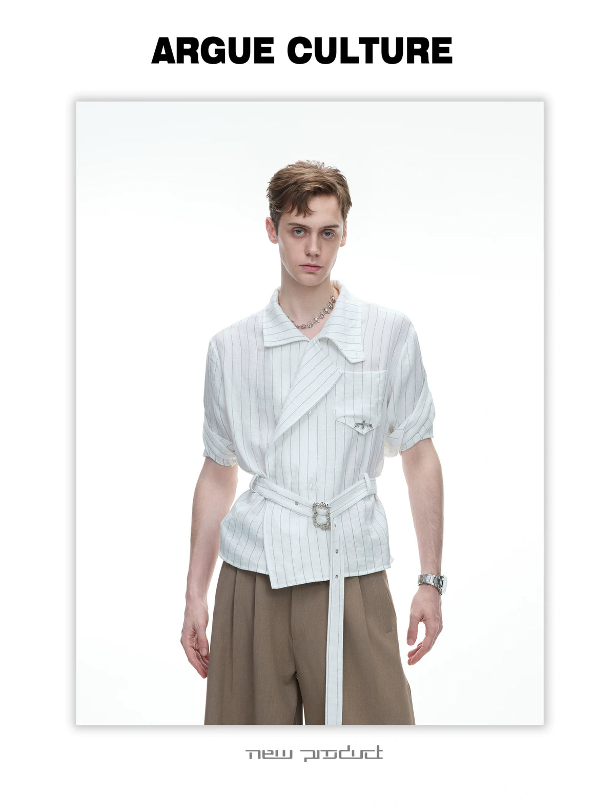 Asymmetric Striped Belted Shirt with Metal Buckle - detail image 9