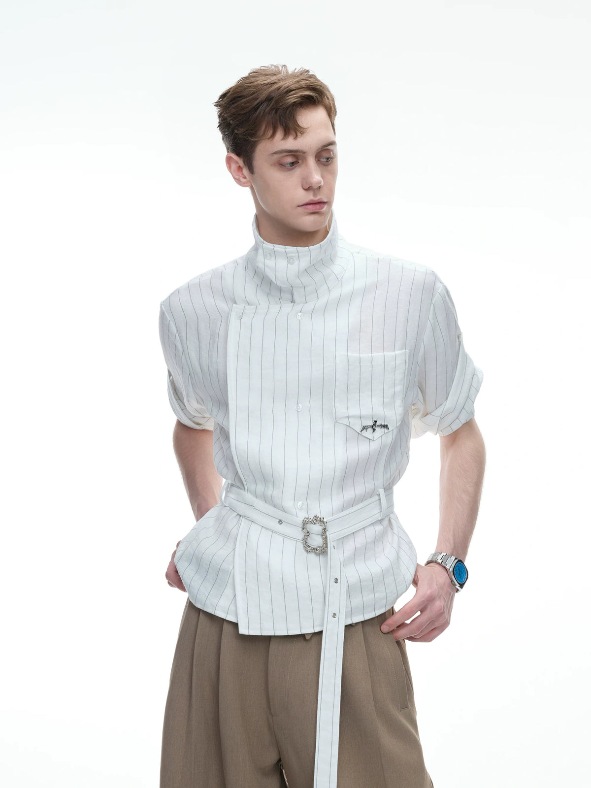 Asymmetric Striped Belted Shirt with Metal Buckle - main image 1