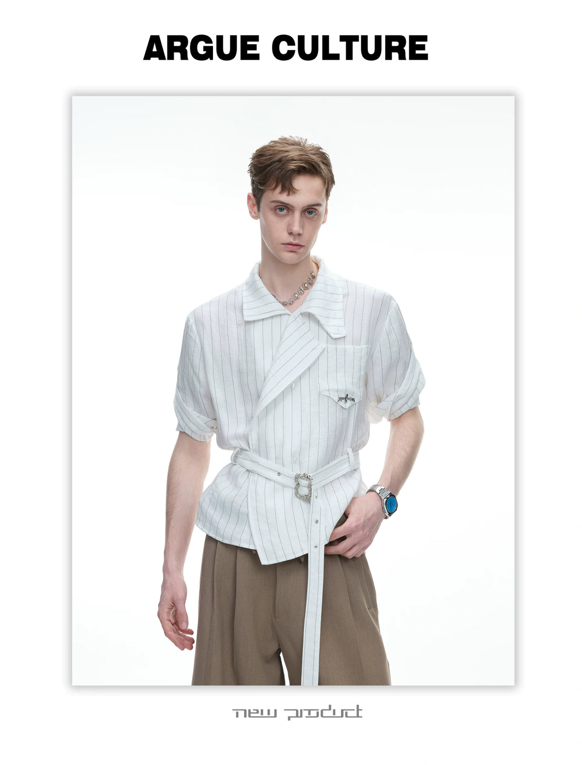 Asymmetric Striped Belted Shirt with Metal Buckle - detail image 8