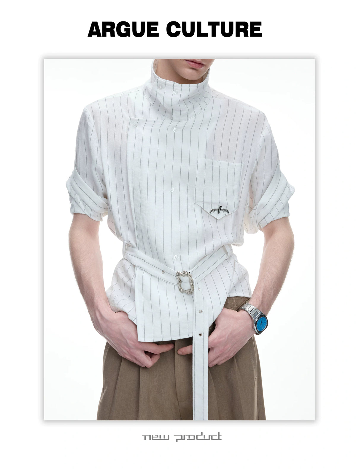 Asymmetric Striped Belted Shirt with Metal Buckle - detail image 4