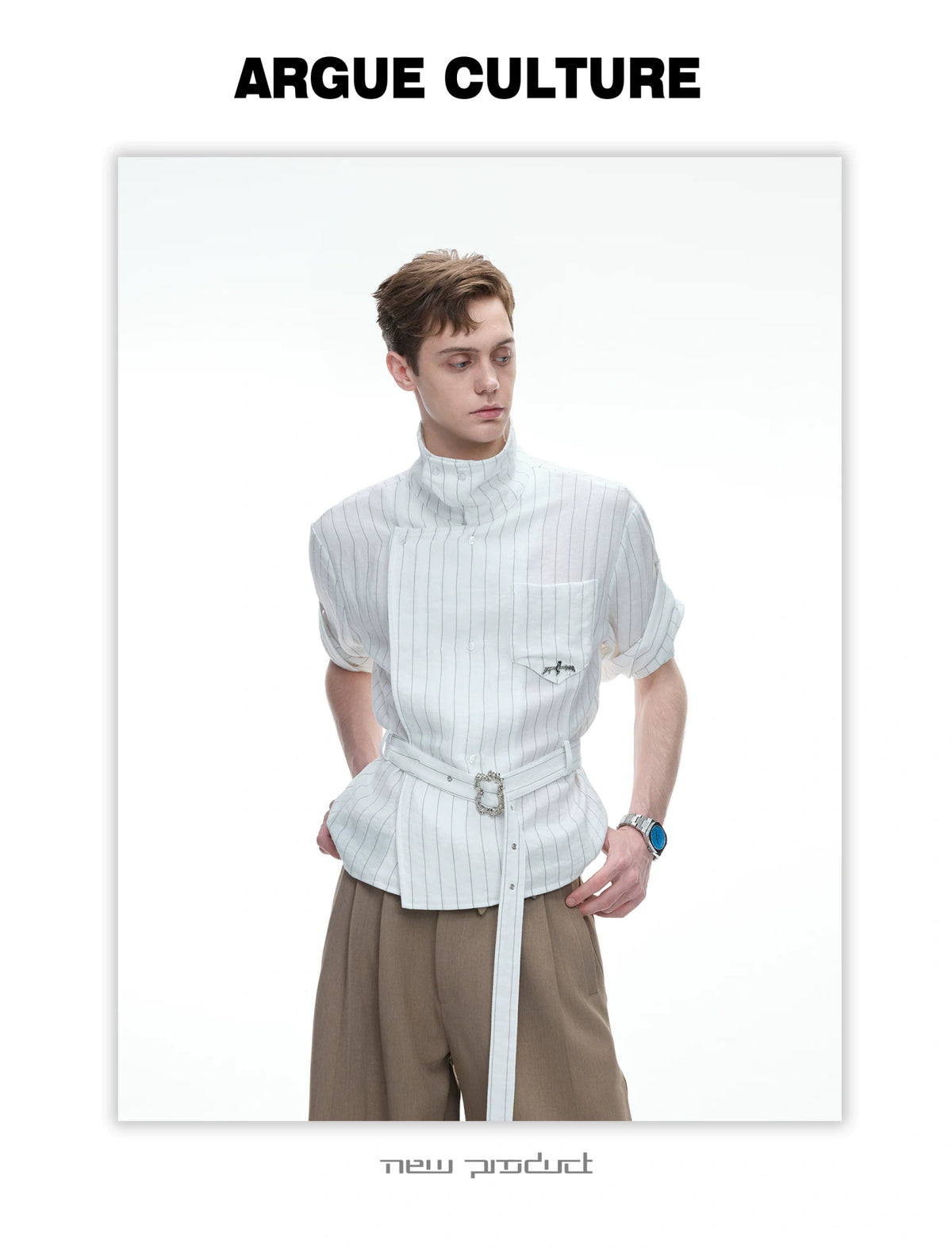 Asymmetric Striped Belted Shirt with Metal Buckle - detail image 3