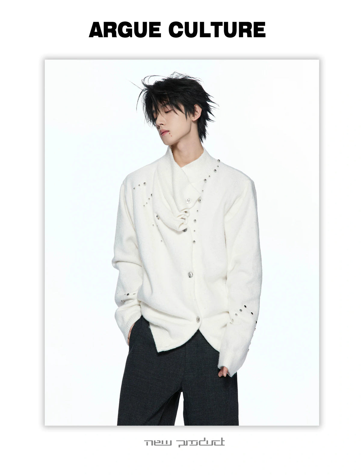 Asymmetric Twisted Collar Studded Knit Cardigan - detail image 4
