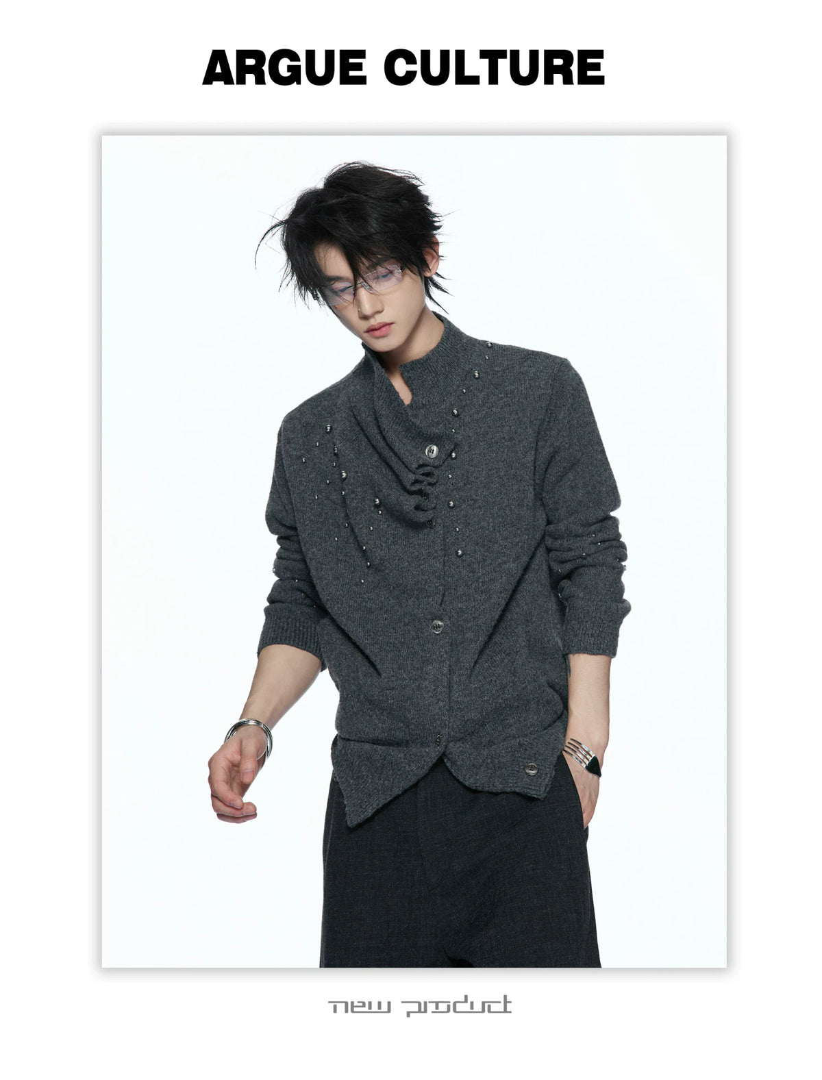 Asymmetric Twisted Collar Studded Knit Cardigan - detail image 5