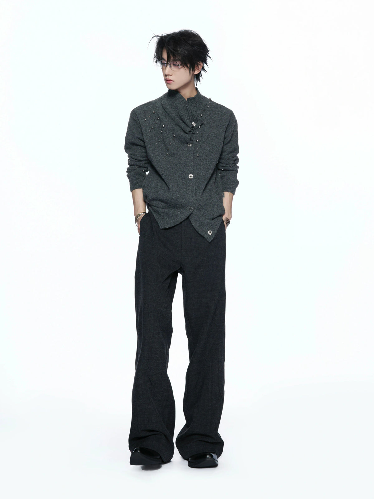 Asymmetric Twisted Collar Studded Knit Cardigan - main image 3
