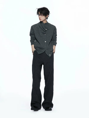 Asymmetric Twisted Collar Studded Knit Cardigan - main image 3