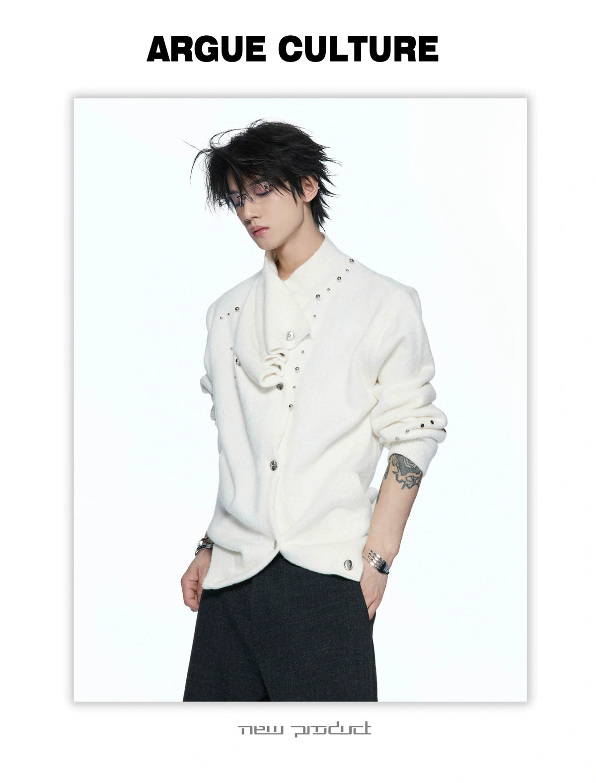 Asymmetric Twisted Collar Studded Knit Cardigan - detail image 3