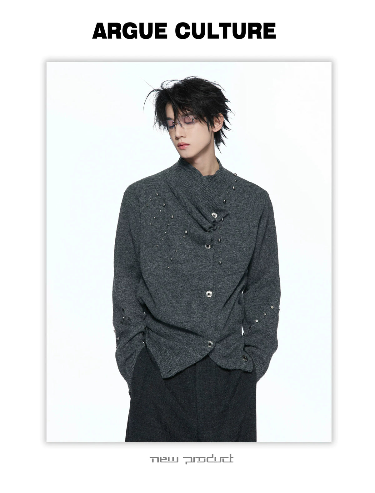Asymmetric Twisted Collar Studded Knit Cardigan - detail image 7