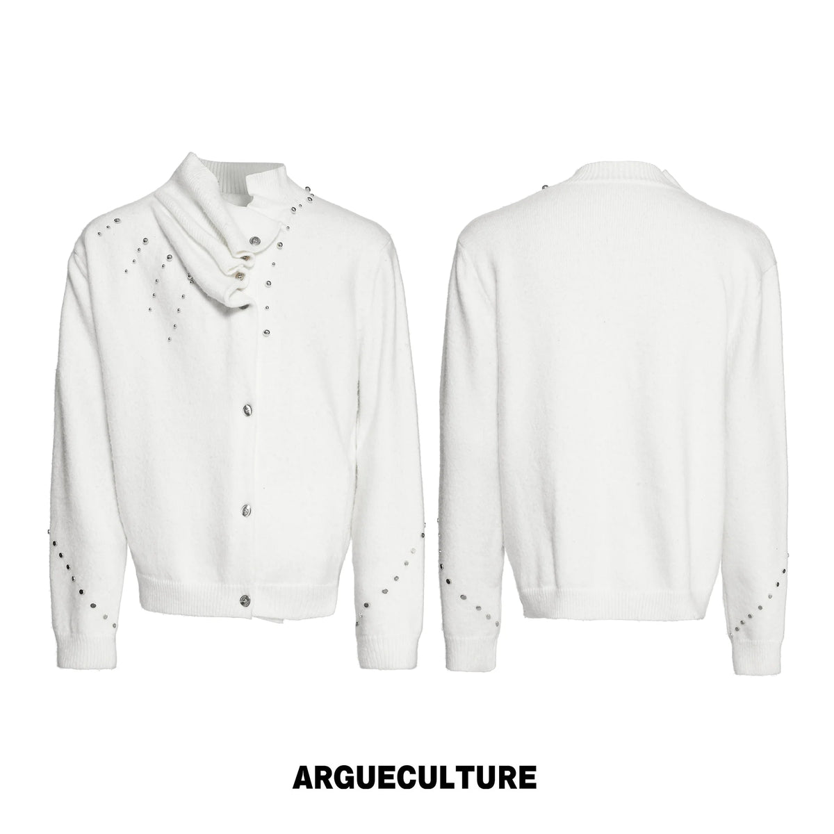 Asymmetric Twisted Collar Studded Knit Cardigan - White