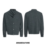 Asymmetric Twisted Collar Studded Knit Cardigan - Gray