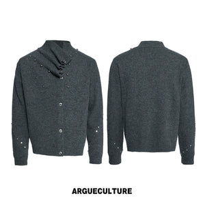 Asymmetric Twisted Collar Studded Knit Cardigan - Gray