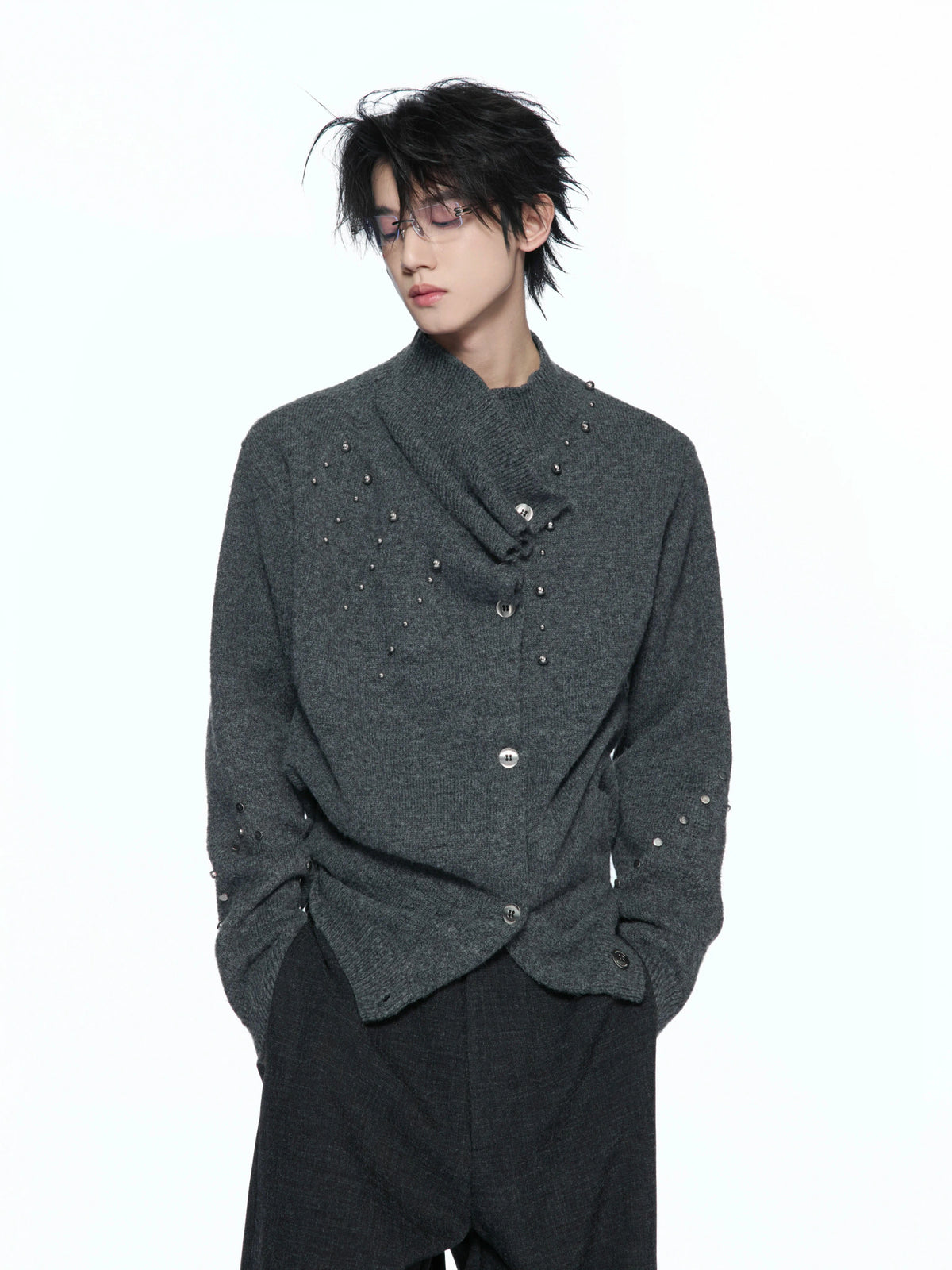 Asymmetric Twisted Collar Studded Knit Cardigan - main image 4