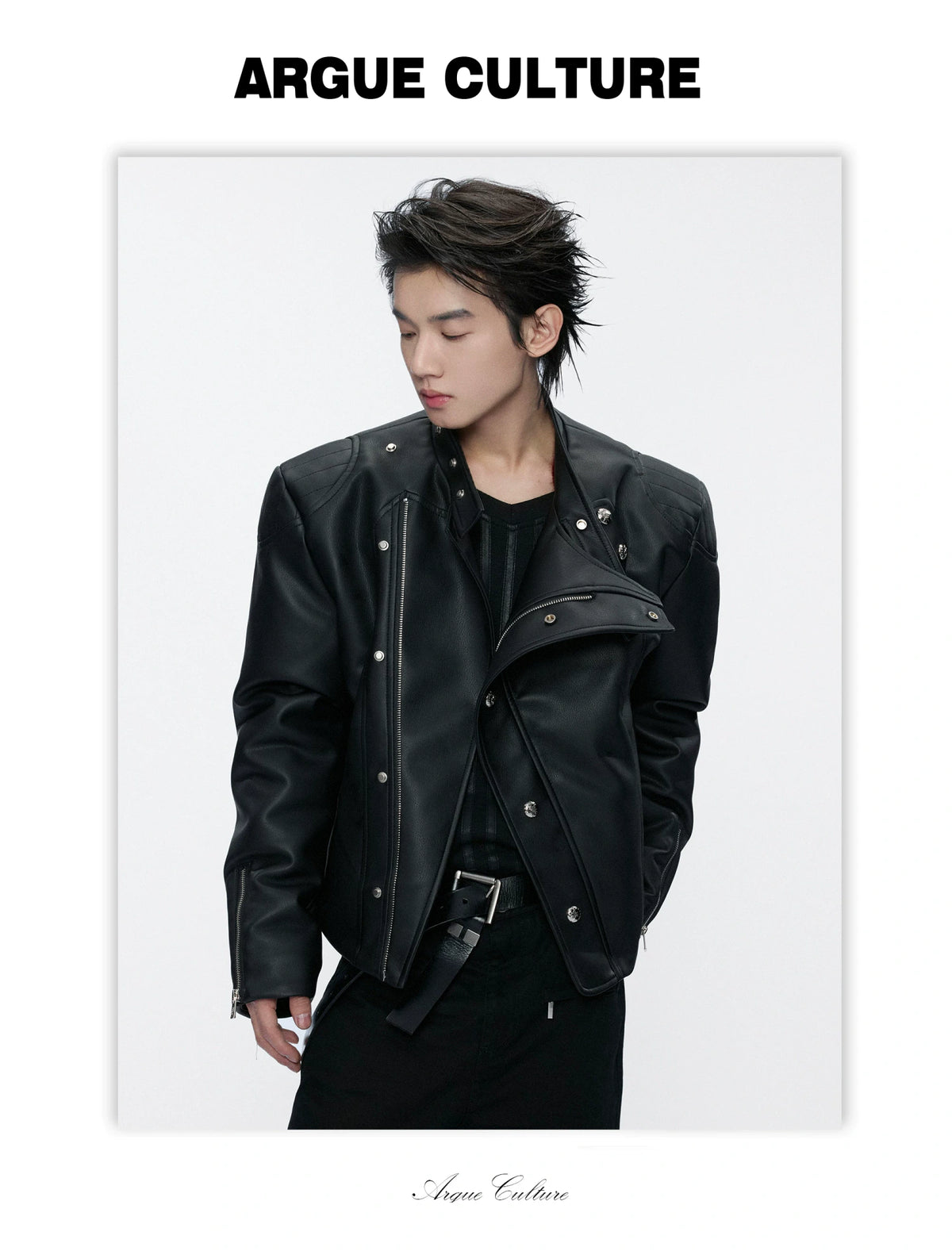 Asymmetric Zip Faux Leather Jacket with Fur Lining - detail image 2