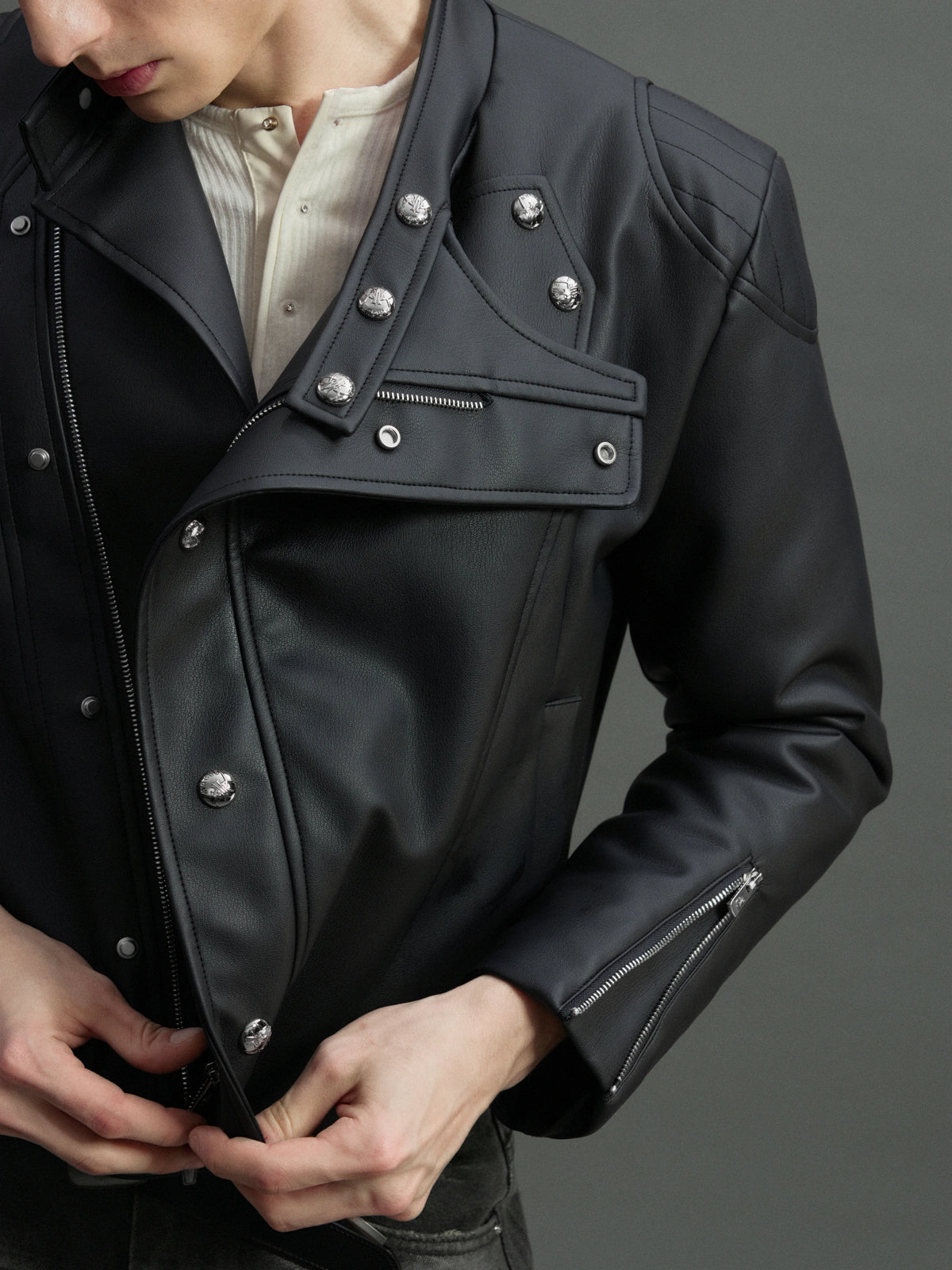 Asymmetric Zip Faux Leather Jacket with Fur Lining - main image 4