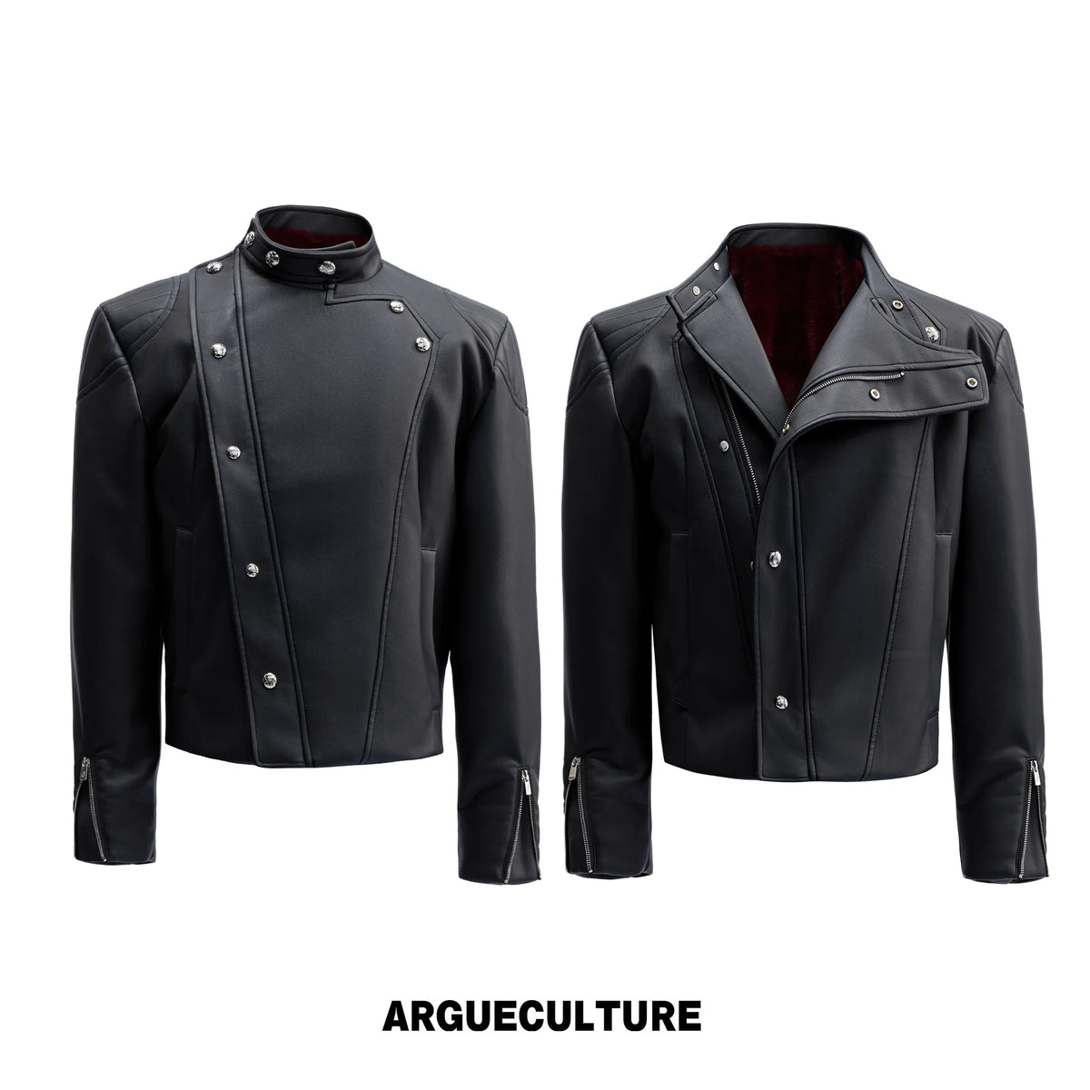Asymmetric Zip Faux Leather Jacket with Fur Lining - Black