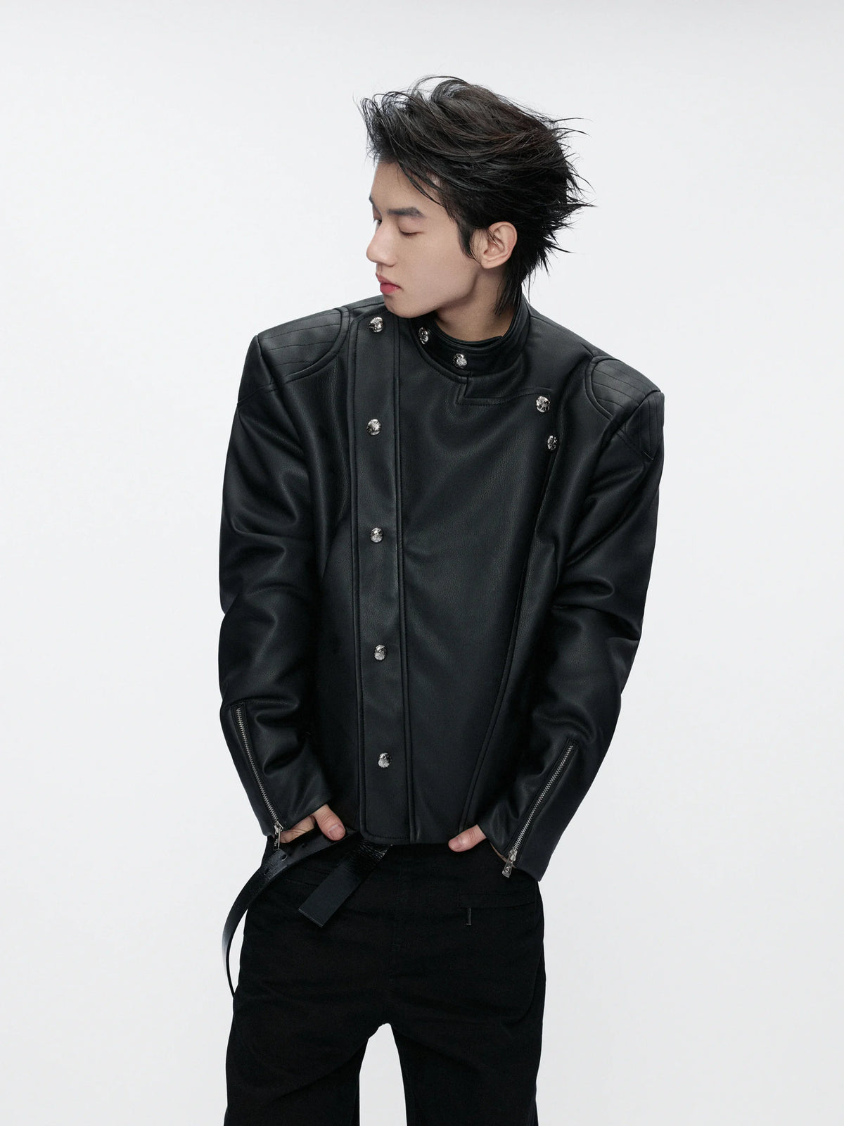 Asymmetric Zip Faux Leather Jacket with Fur Lining - main image 5
