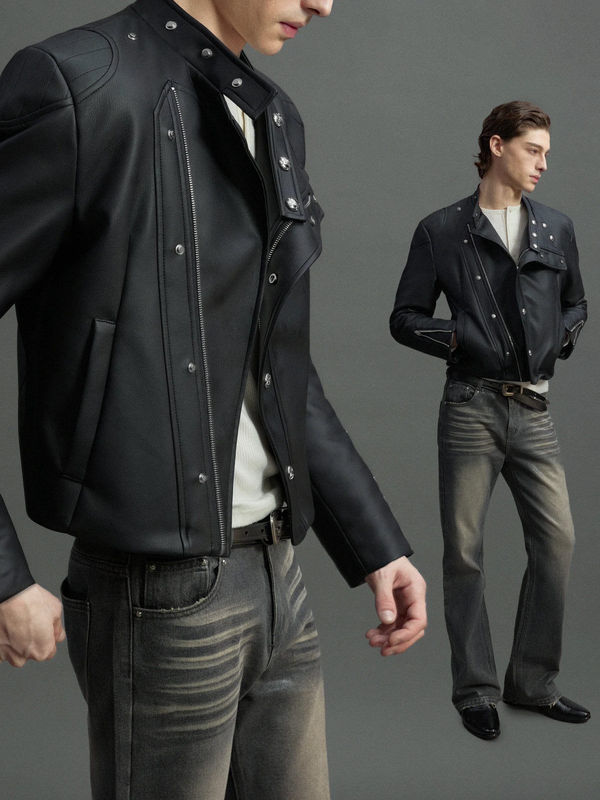 Asymmetric Zip Faux Leather Jacket with Fur Lining - main image 1