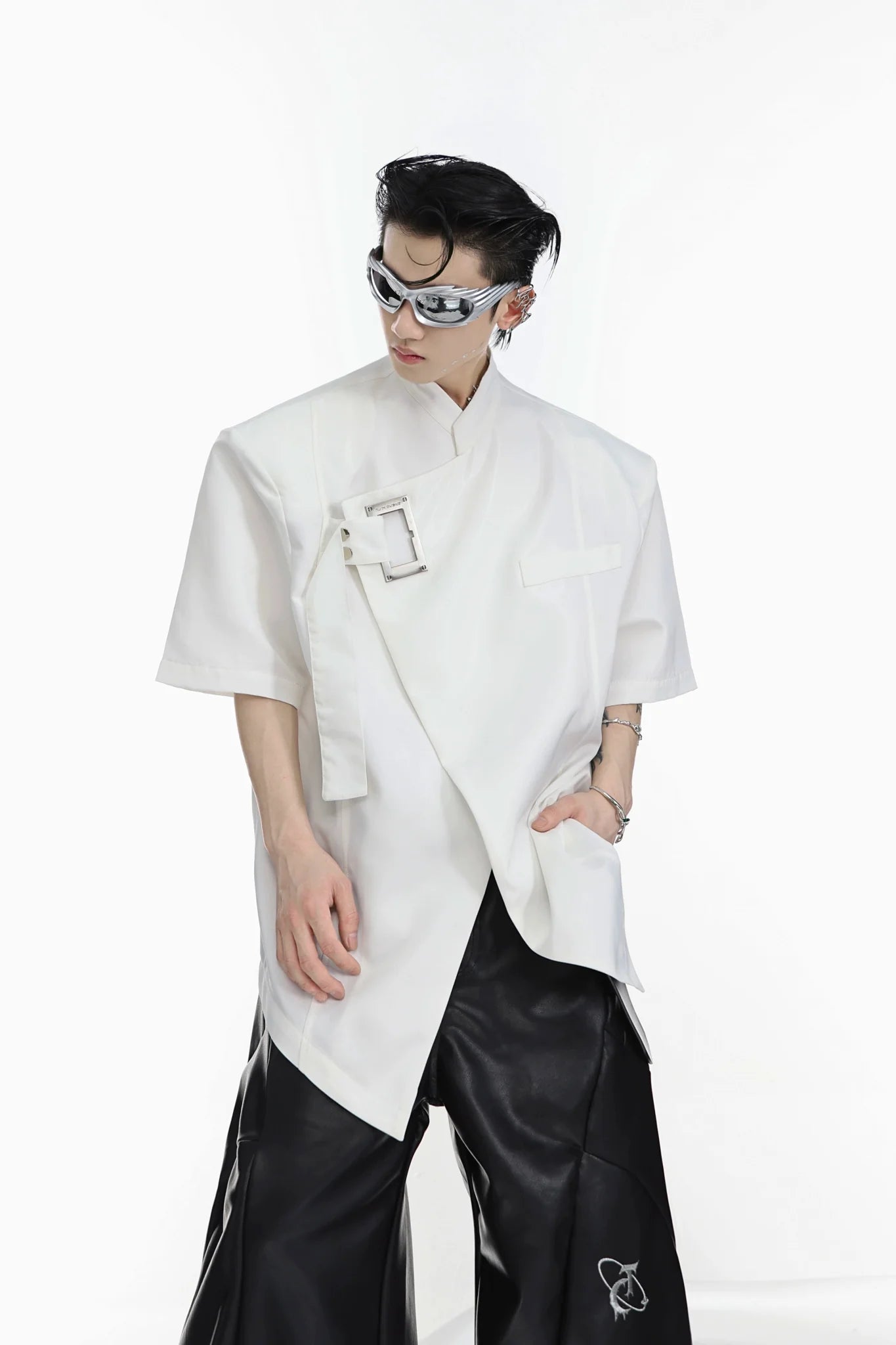 Asymmetrical Short - Sleeve Shoulder Pads Shirt with Tie Front & Metal Accents - ArguE CulturE