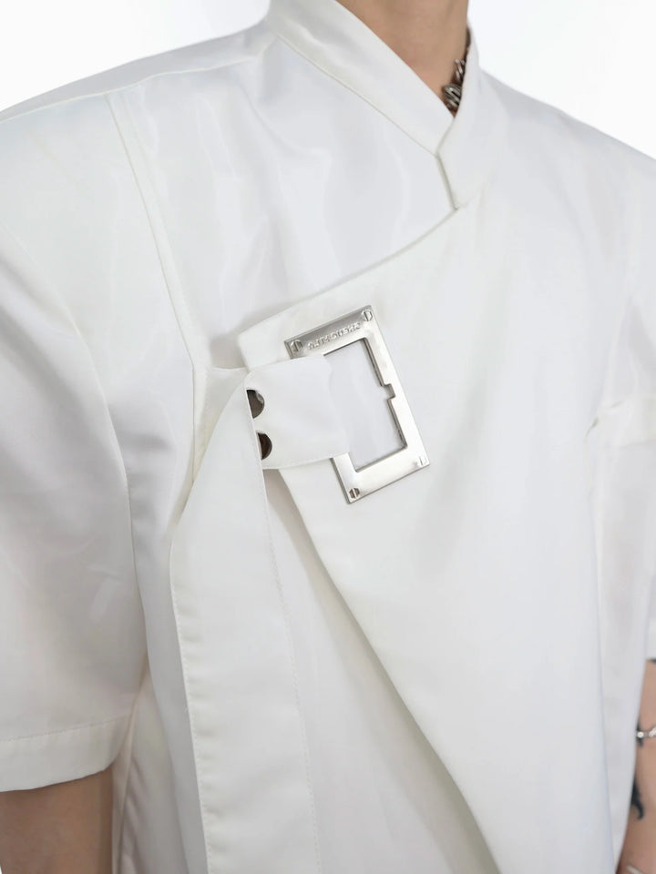 Asymmetrical Short - Sleeve Shoulder Pads Shirt with Tie Front & Metal Accents - ArguE CulturE