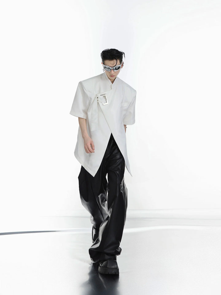 Asymmetrical Short - Sleeve Shoulder Pads Shirt with Tie Front & Metal Accents - ArguE CulturE