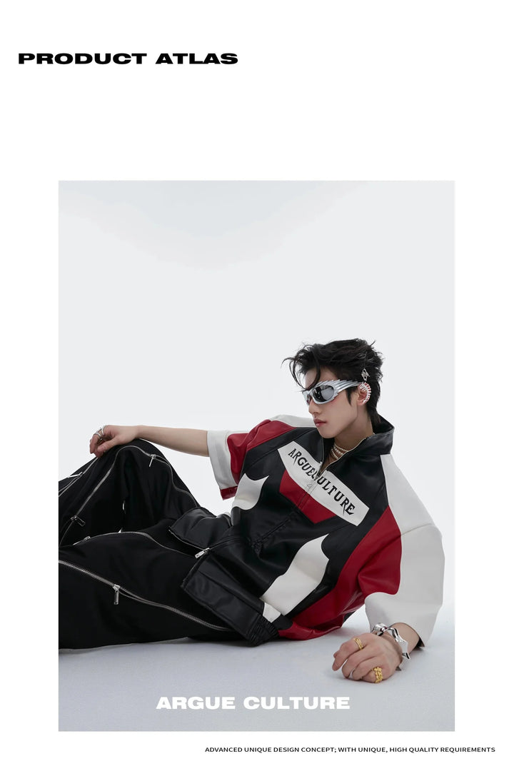 Avant - Garde Color Block Biker Faux Leather Jacket with Deconstructed - ArguE CulturE