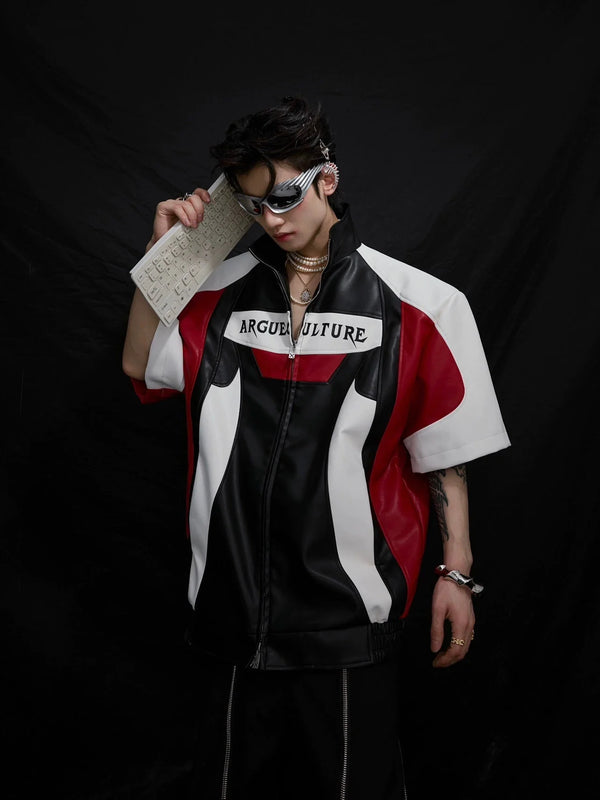 Avant - Garde Color Block Biker Faux Leather Jacket with Deconstructed - ArguE CulturE