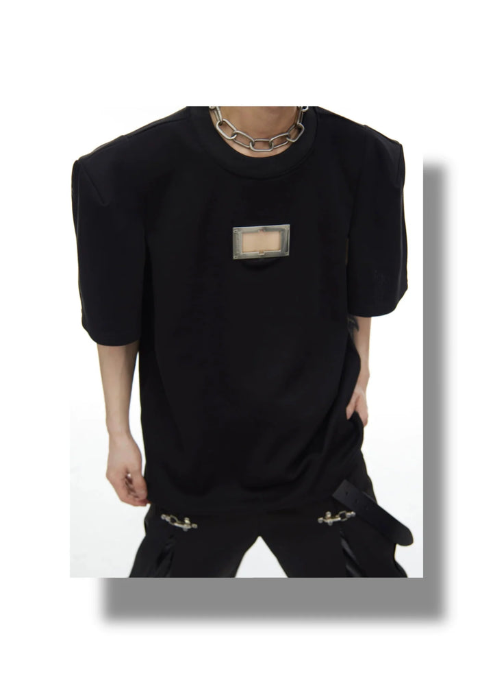 Avant - Garde Minimalist Metal Cut - Out Shoulder Pad Short Sleeve T - Shirt - ArguE CulturE