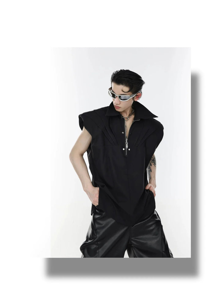 Avant - Garde Shoulder Pad Loose Tank Top with Metallic Zipper & Pleated - ArguE CulturE