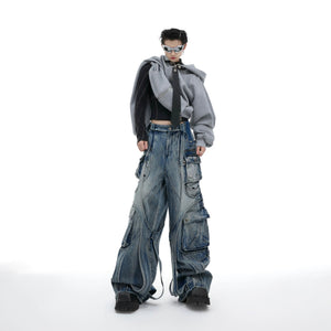 Back view of loose fit cargo jeans showing pocket layout and straps