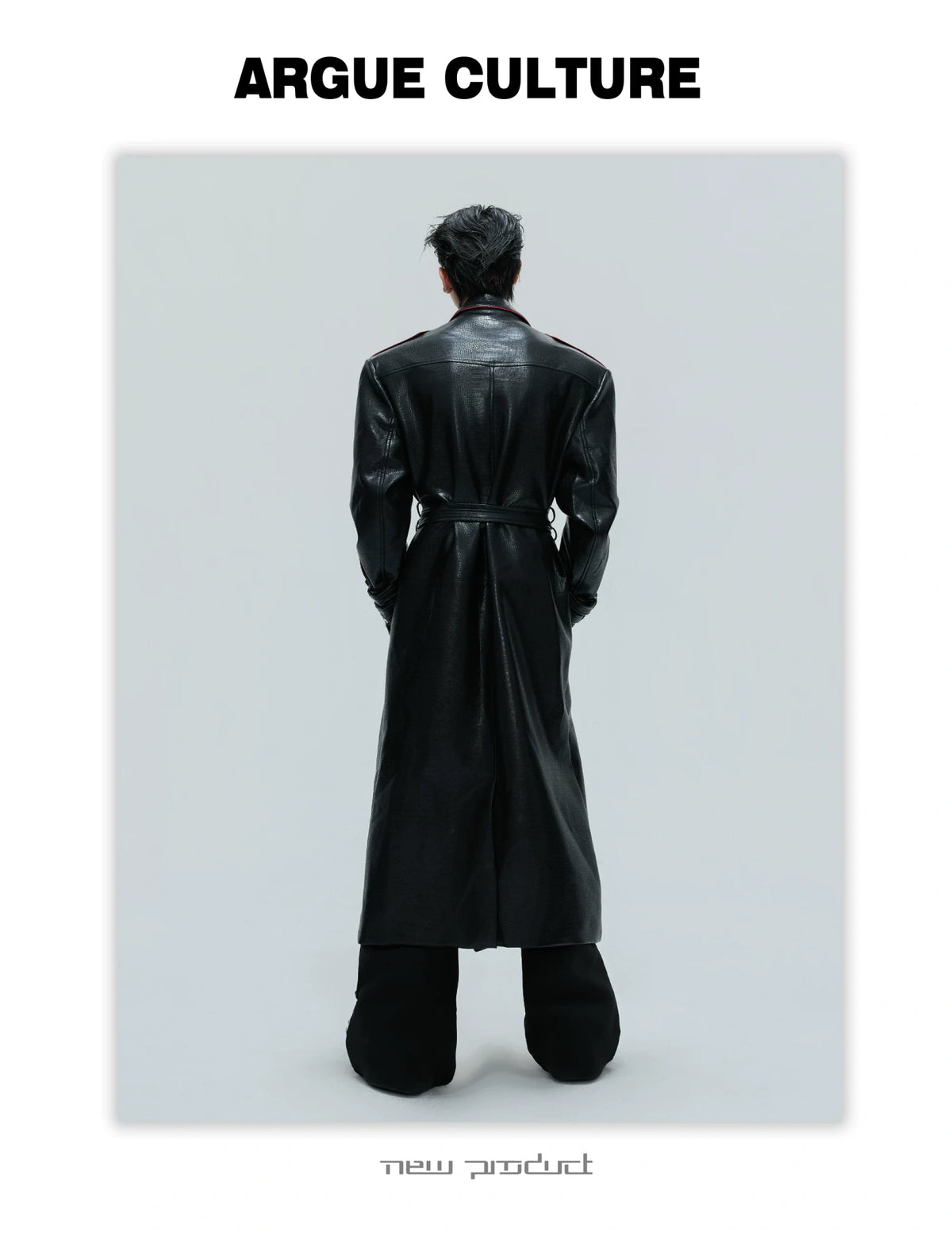 Belted Faux-Leather Long Coat with Wide Shoulders - detail image 10
