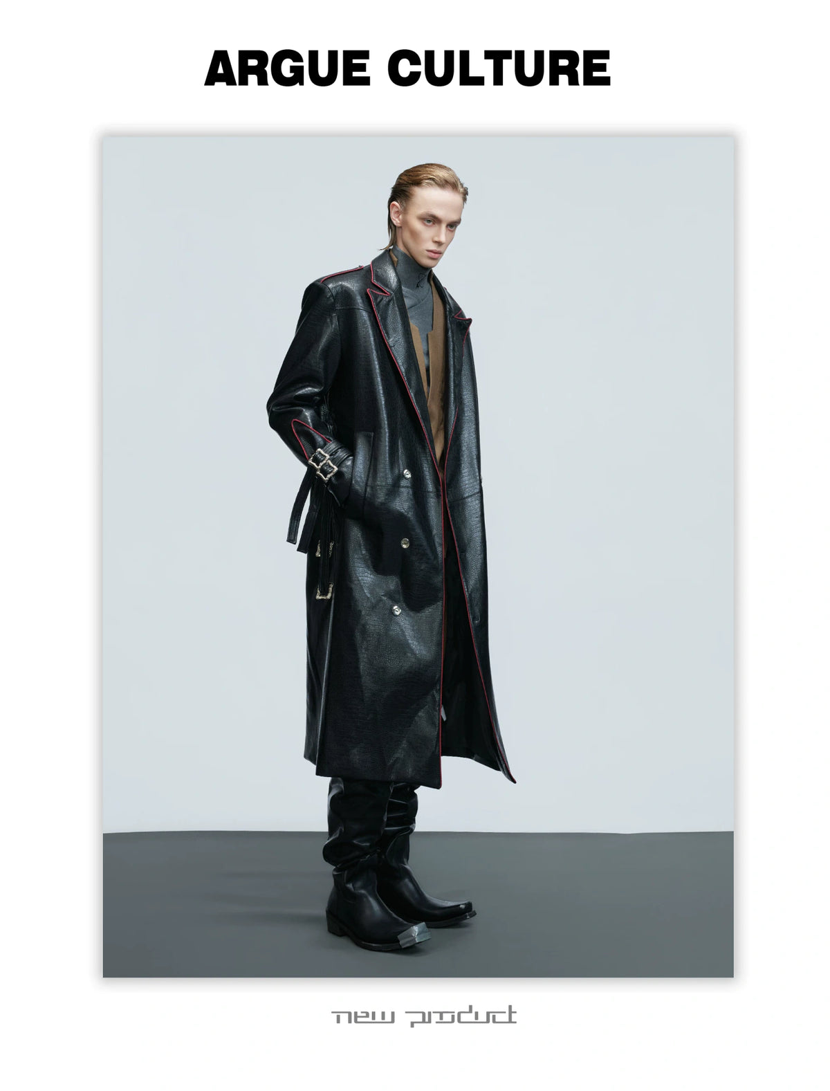 Belted Faux-Leather Long Coat with Wide Shoulders - detail image 4
