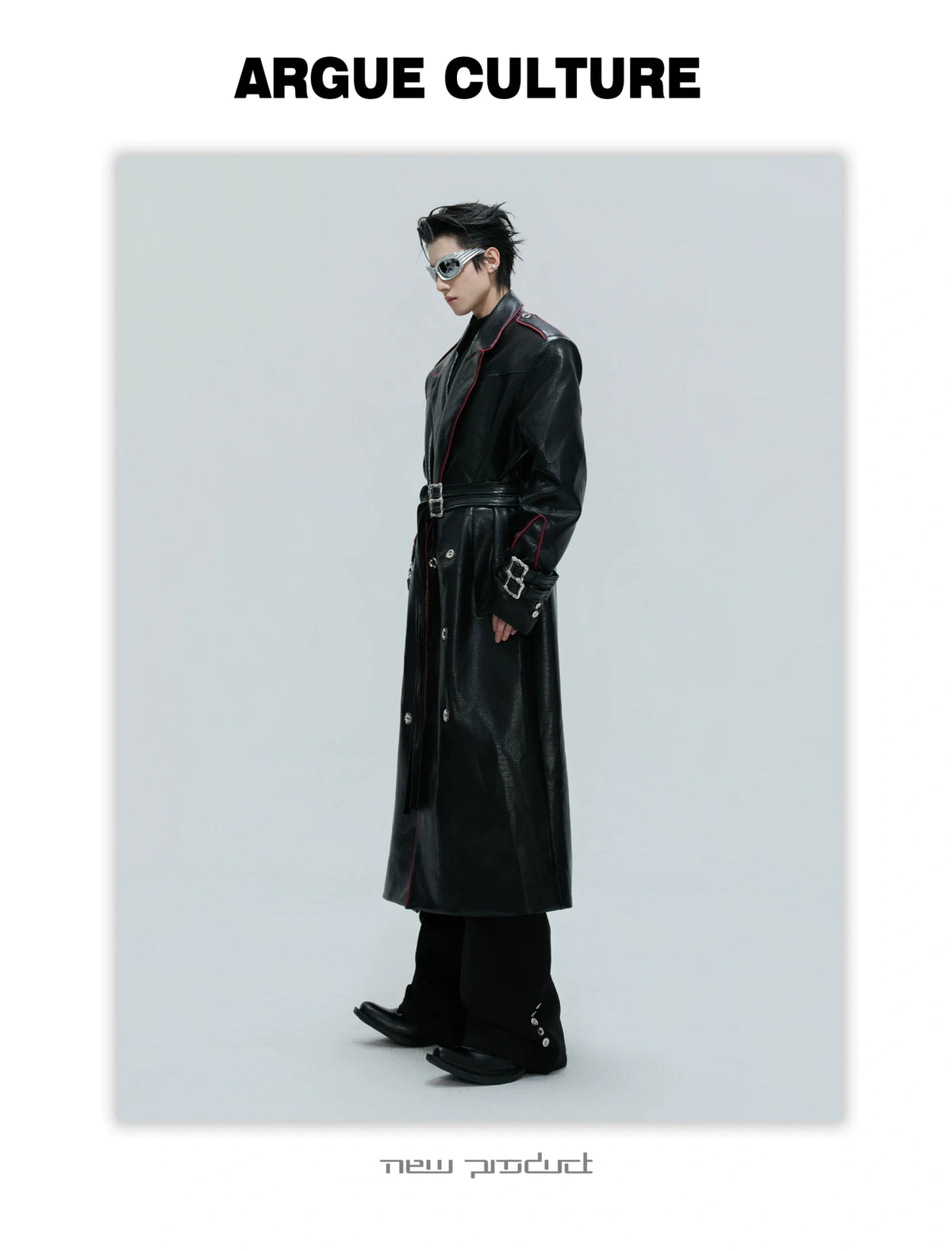 Belted Faux-Leather Long Coat with Wide Shoulders - detail image 13