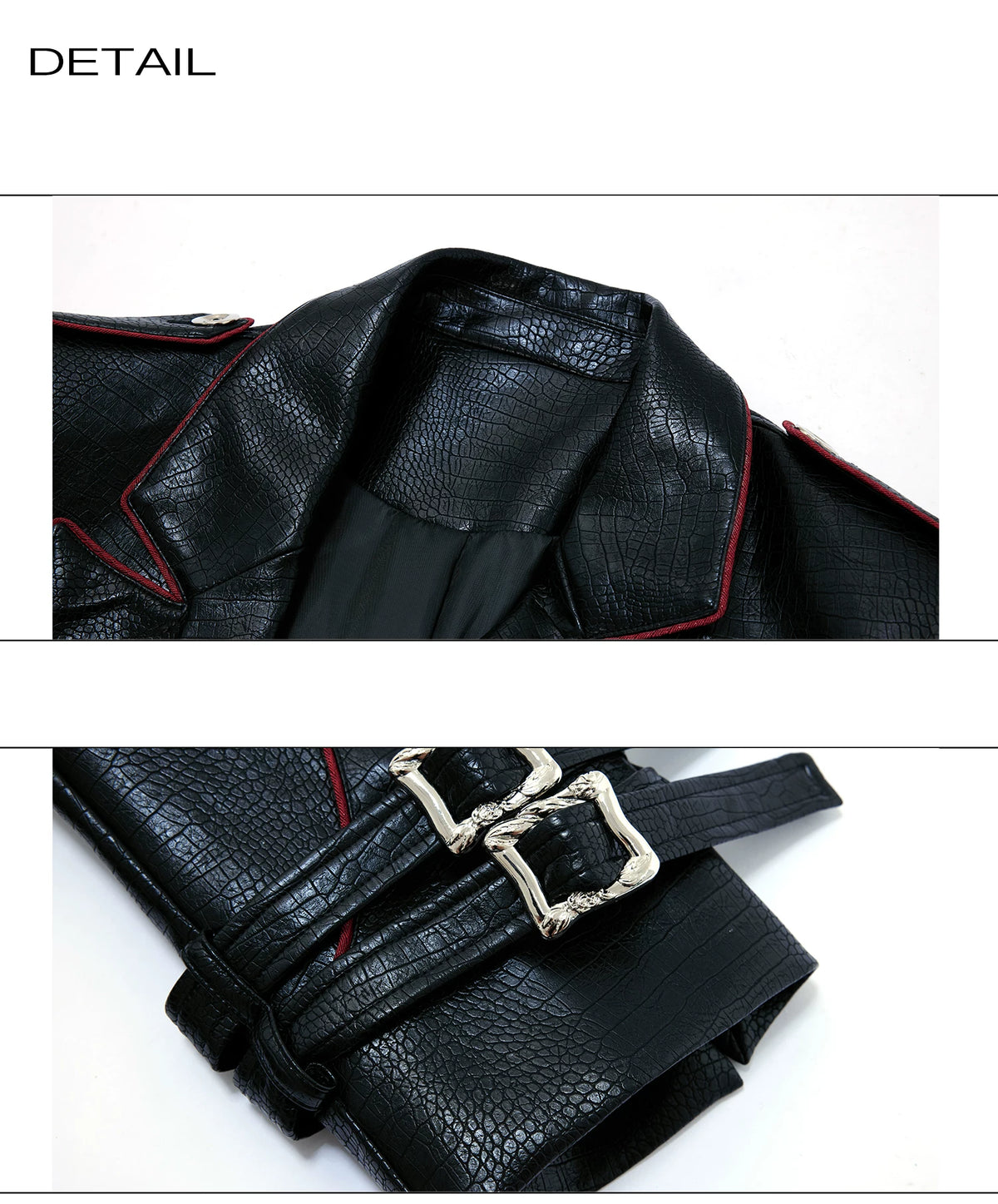 Belted Faux-Leather Long Coat with Wide Shoulders - detail image 17