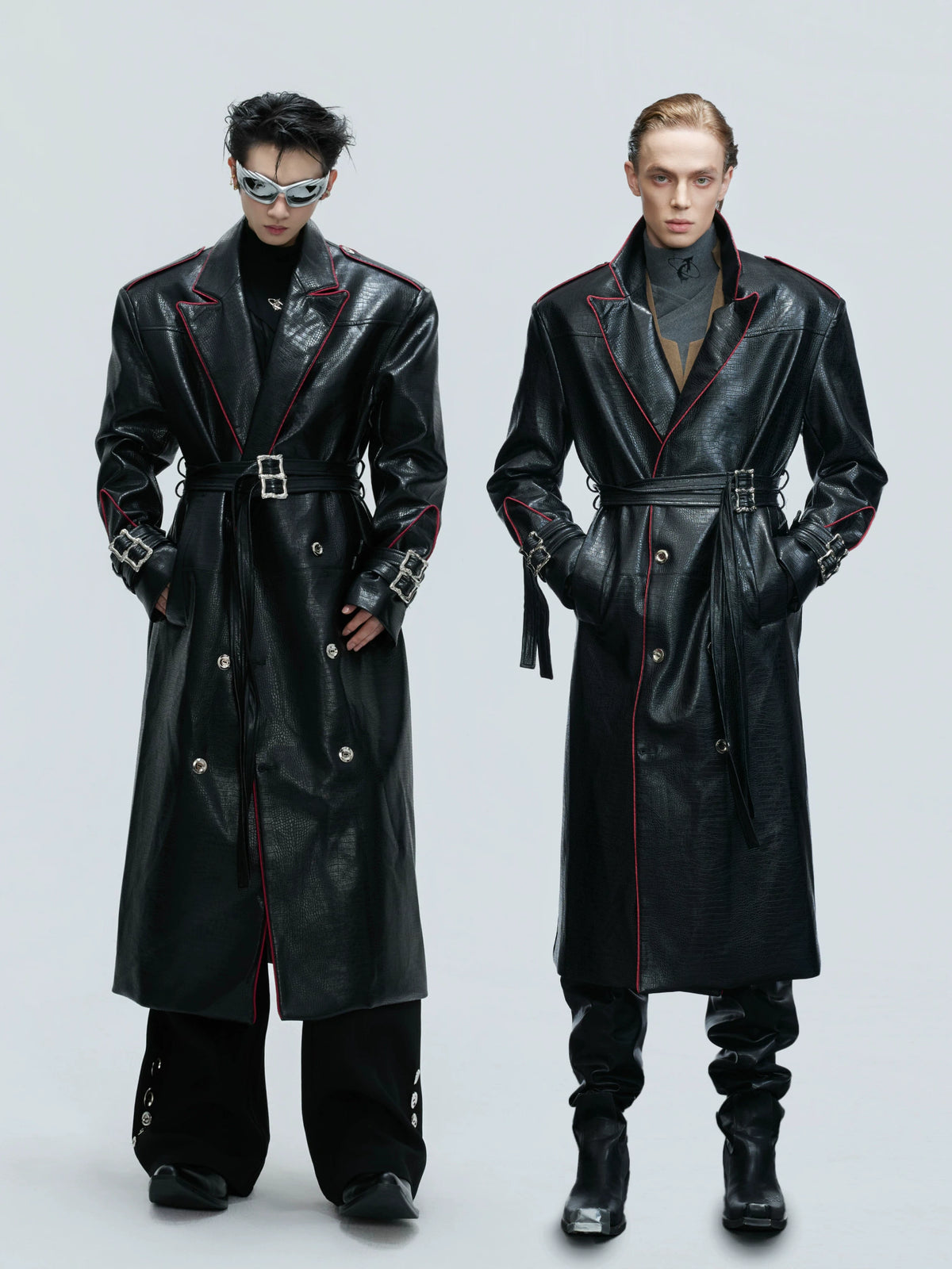 Belted Faux-Leather Long Coat with Wide Shoulders - main image 1