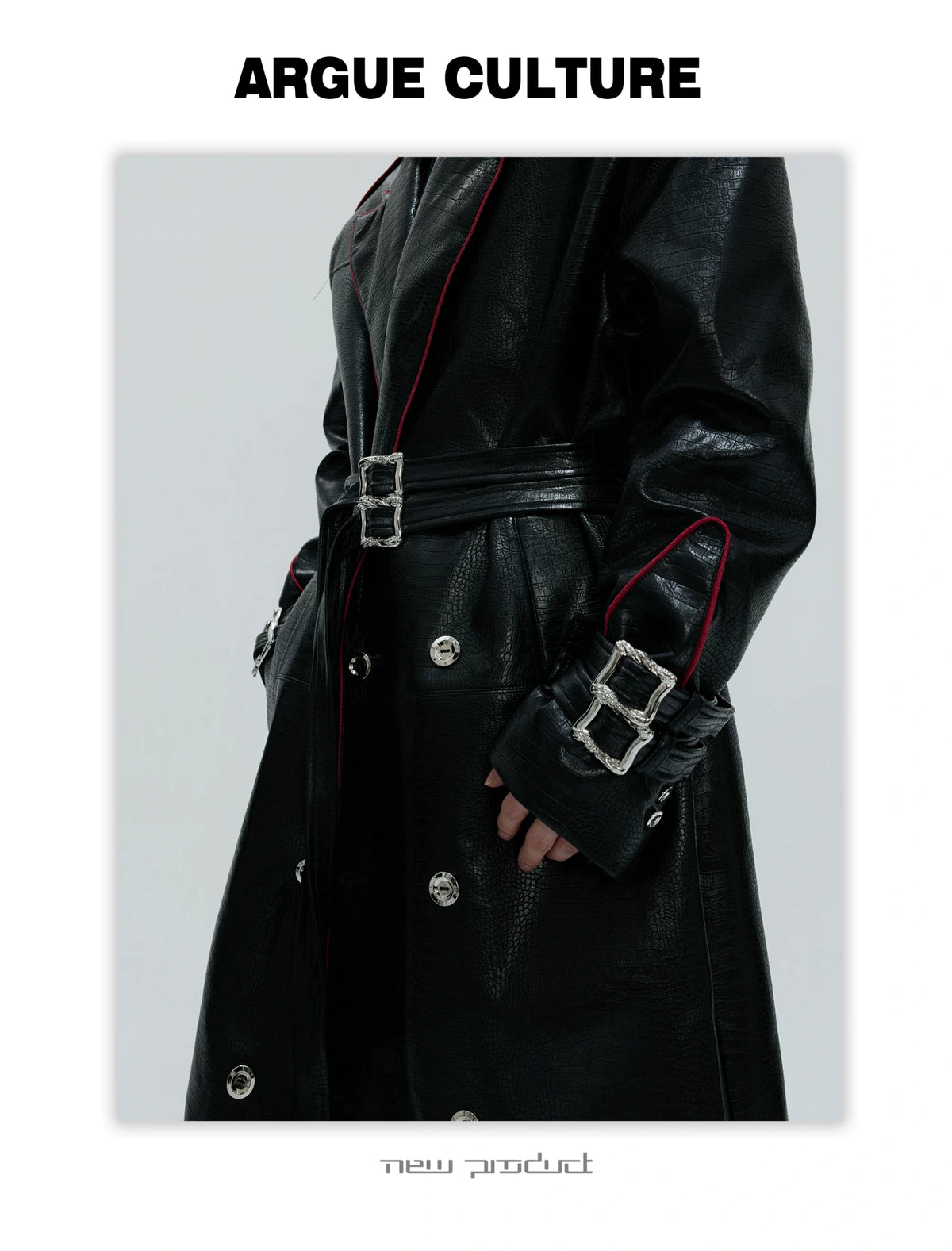 Belted Faux-Leather Long Coat with Wide Shoulders - detail image 15